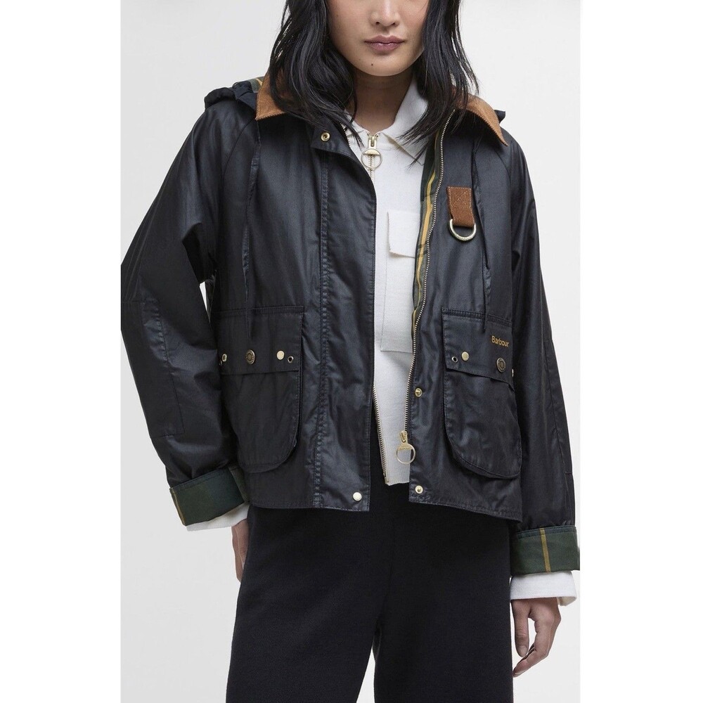 Barbour Erma Wax Black/ Ancient Tartan Corduroy Trim Jacket Women’s Size 8